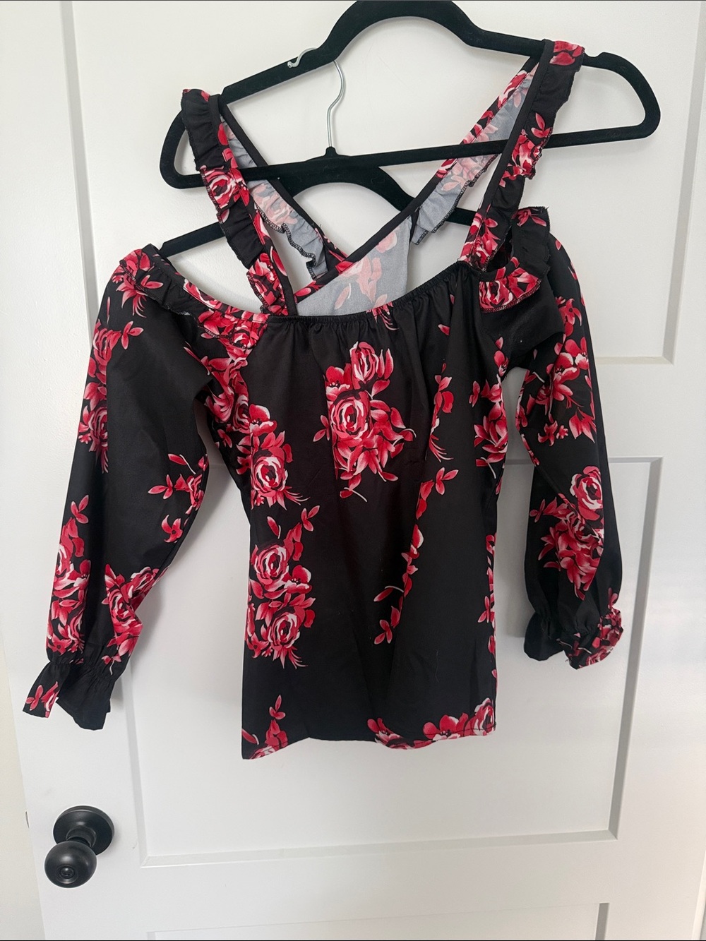 Off-Shoulder Black Floral Top with Red Rose Print